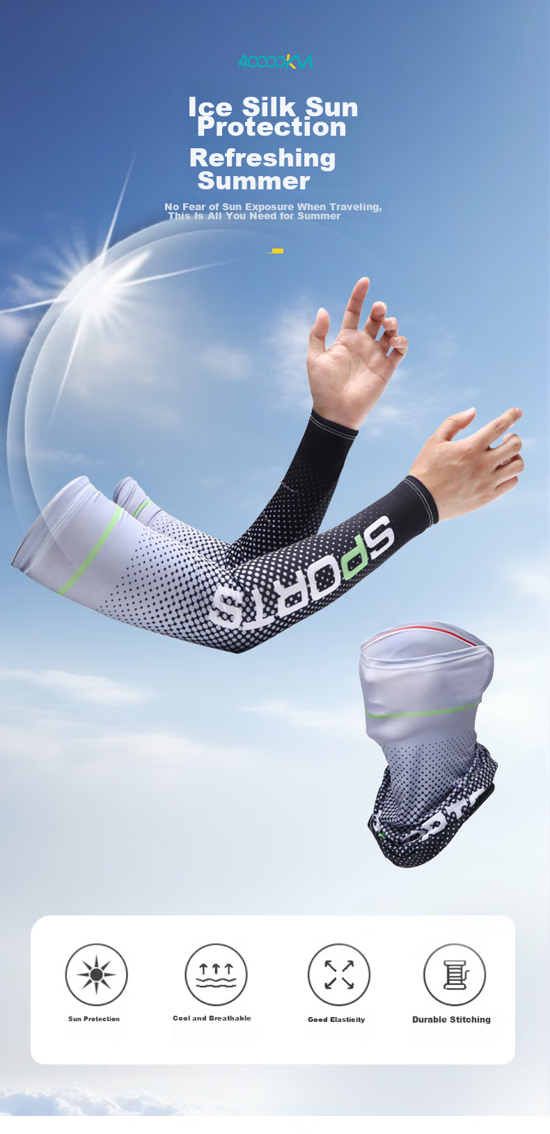 40,000 KM Sunscreen Face Mask and Ice Sleeve Summer Ice Silk Cooling UV Protection Arm Sleeves Cycling Face Mask + Ice Sleeves Gray 1