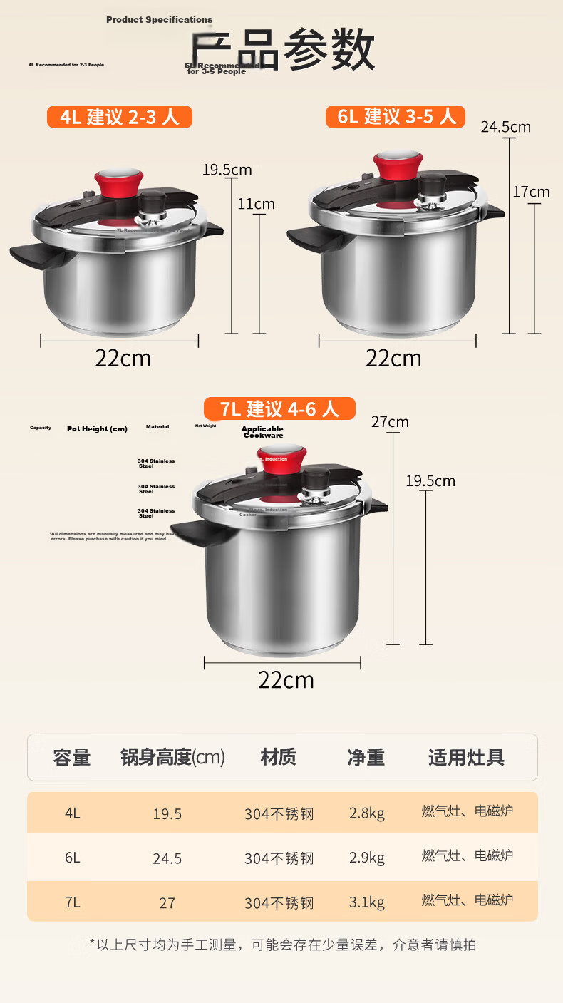 Double Happiness High-Pressure Cooker 304 Stainless Steel Gas and Induction Cooker Compatible Explosion-Proof Pressure Cooker Single-Handed Opening 22CM/4L Red Melody 16