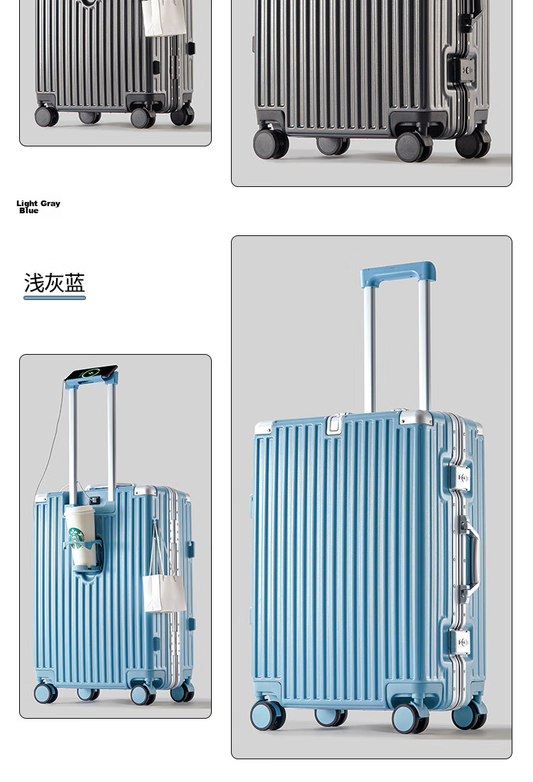Jingsu Aluminum Frame Luggage 20-inch Multifunctional Travel Suitcase for Men and Women, Carry-on with Password Lock, Smoke White 20