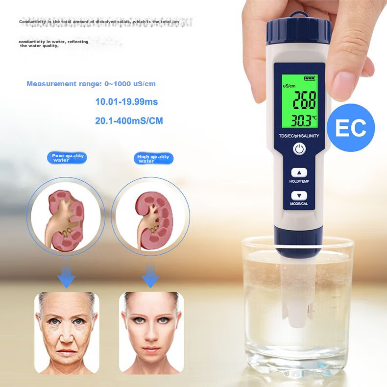 Honggong Water Quality Tester PH/EC/TDS Temperature Salinity Acidity Conductivity 5-in-1 High-Precision Meter Pen 7