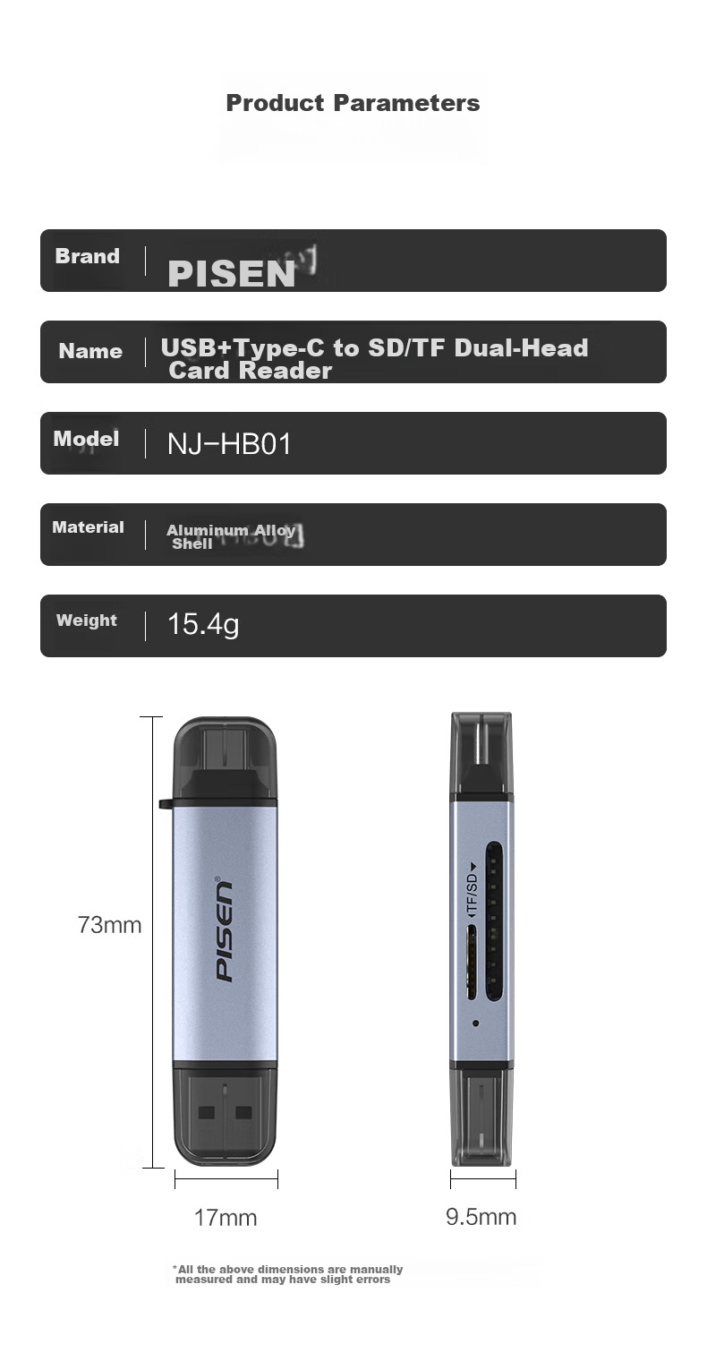 Pisen Type-C High-Speed Card Reader SD/TF Multi-In Card Reader Supports Computer, Apple 15/16 Phones, DSLR Cameras, Dash Cams, Surveillance Storage Memory Cards 15