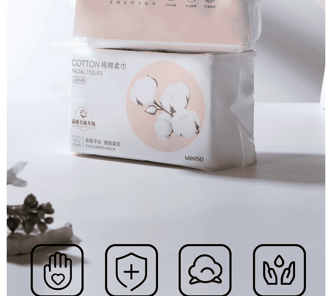 MINISO Disposable Face Towels, Soft Cotton Wipes, Wet And Dry Use Facial Cleansing Wipes, Pure Cotton, 120 Sheets * 3 Packs 3