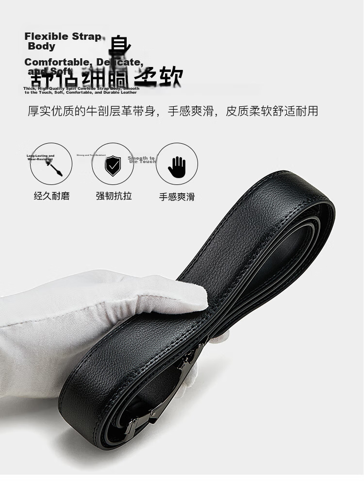 BOSTANTEN Men's Leather Belt with Automatic Buckle, Cowhide Waistband, Trendy Formal Pants Belt, Black, Birthday Gift 5