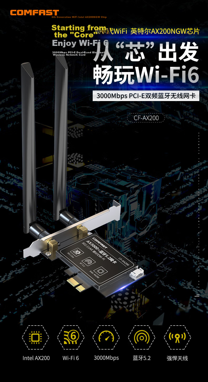 COMFAST AX200 Intel Gaming 3000M Dual-Band 5G Desktop Built-in PCI-E WiFi 6 + Bluetooth 5.2 Wireless Network Card Receiver 1