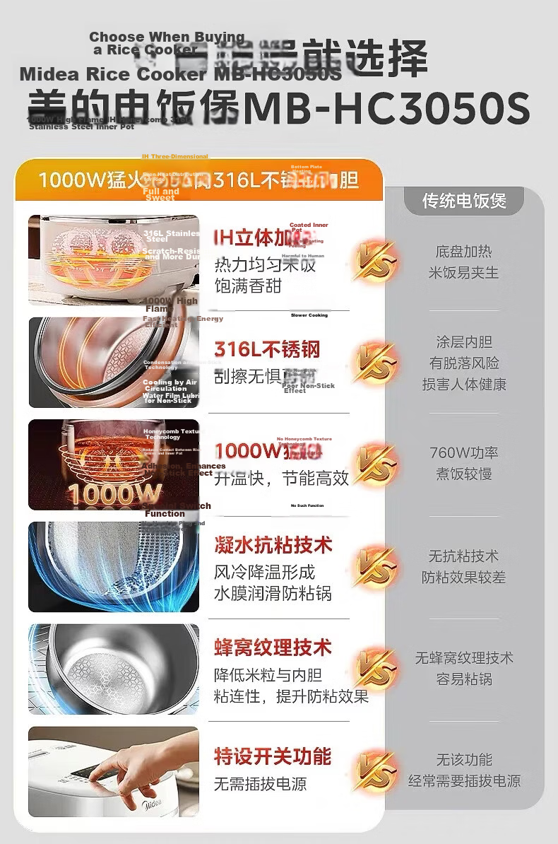 Midea Government Subsidy 3L Rice Cooker Stainless Steel Non-Coated Honeycomb Inner Pot IH Heating Smart Multifunction Rice Cooker HC3050S for 2-3 People 2