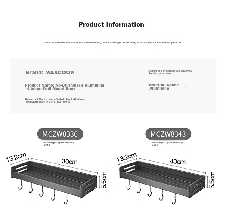 MAXCOOK Kitchen Spice Rack, Multifunctional Storage Shelf, Wall-Mounted without Drilling, Hooks Included, 40cm MCZW8343 12