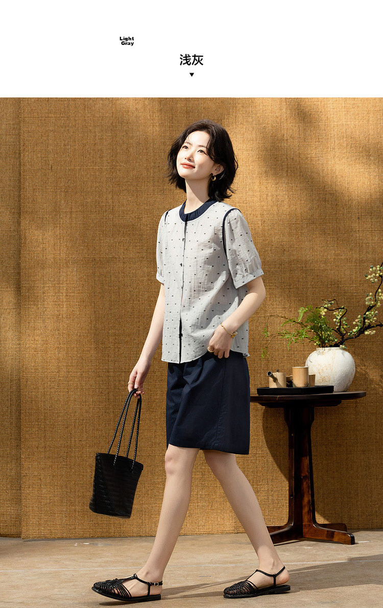 Demana [Smooth Lyocell] Summer Color-Block Bowknot Printed Round Neck Striped Short Sleeve Loose Petite Women's Shirt 9