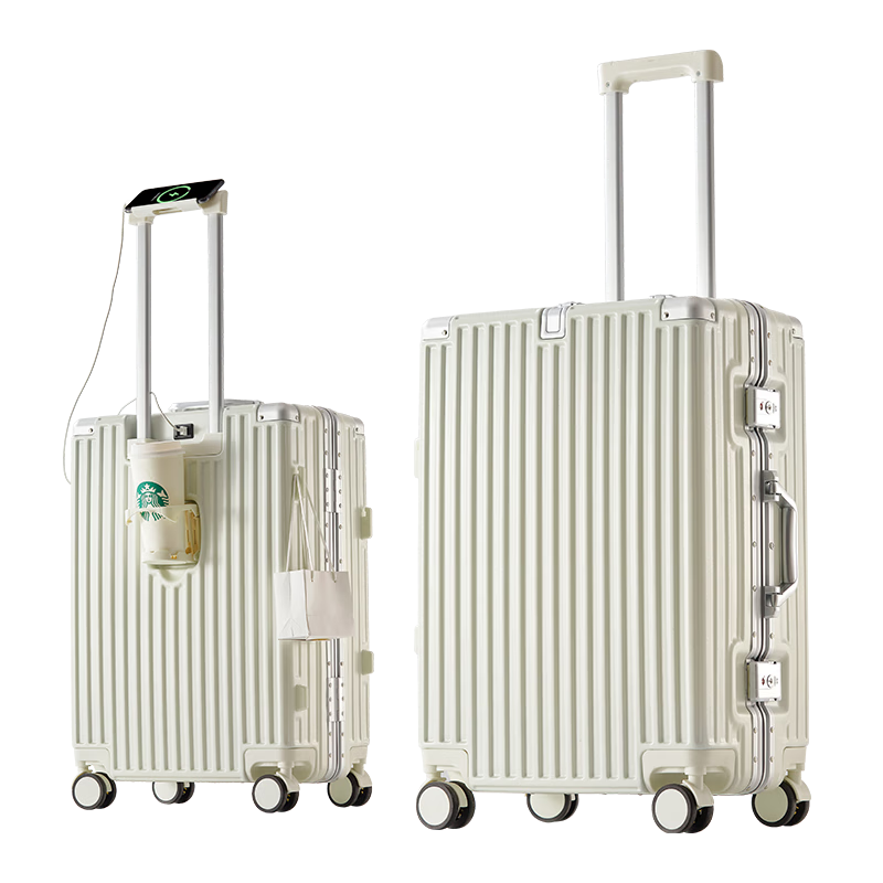 Jingsu Aluminum Frame Luggage 20-inch Multifunctional Travel Suitcase for Men and Women, Carry-on with Password Lock, Smoke White