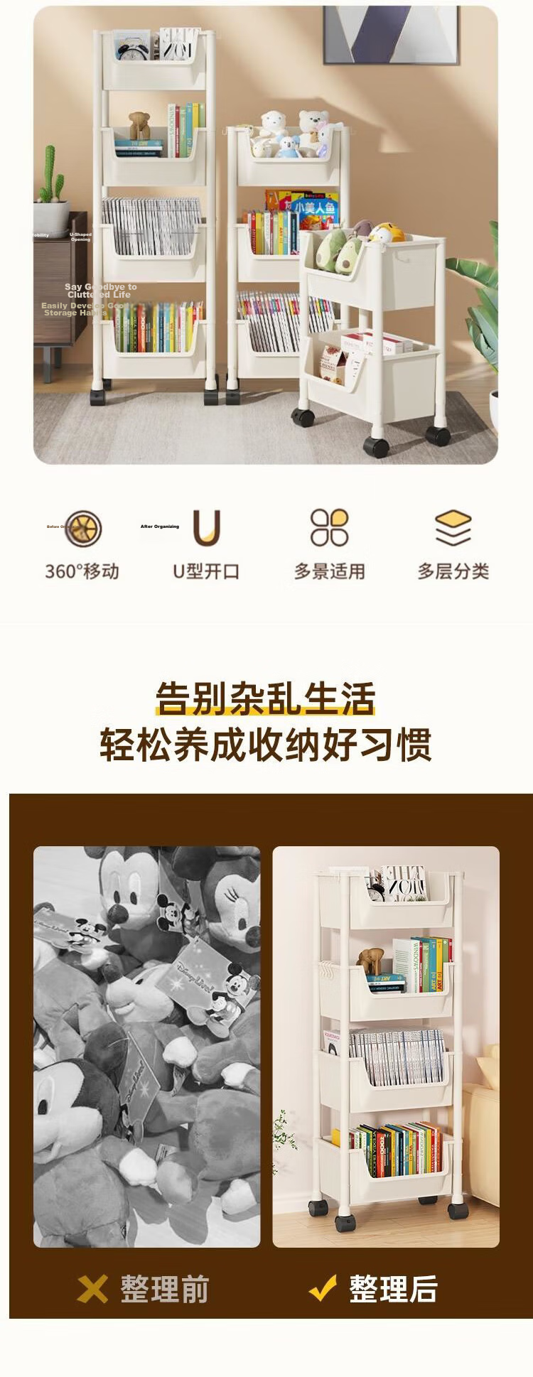 Shunyou Stroller Storage Rack Floor-Movable Bookshelf Snack Multifunctional Kitchen Vegetable Rack Three-Tier SY-116 3