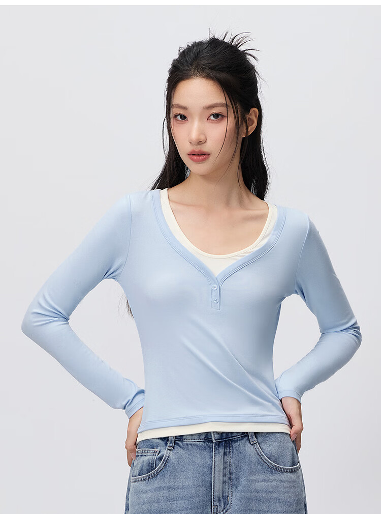 Semir Women's Long Sleeve T-Shirt 26 Autumn Short Slim Fit V-Neck Color Block Faux Two-Piece Top 109526101006 33