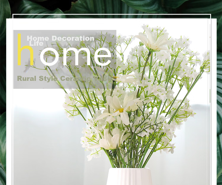 Shengshitaibao Nordic Ceramic Vase Ornament, Artificial Baby's Breath Flower Arrangement Vase, Decorative Display, Vertical Ribbed Style, 20cm 1