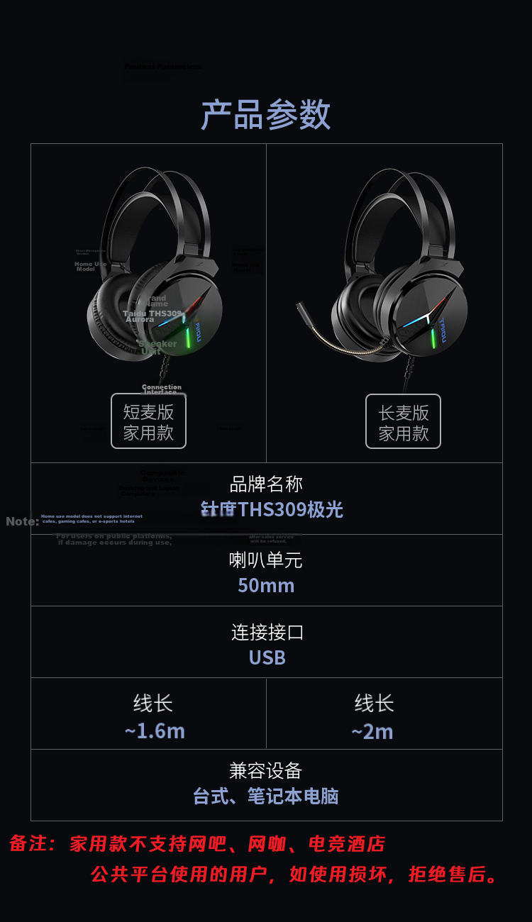 Taidu THS306 Phantom Dragon Eye Gaming Headset Wired USB 7.1 Surround Sound Wing-style Headband PUBG Delta Operation White Blue 14