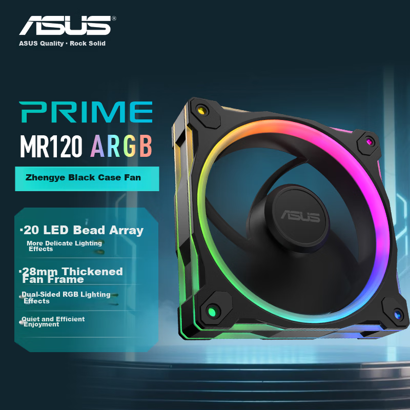 ASUS PRIME MR120 ARGB Black Reverse Blade Case Fan Triple Pack 28mm Thick Frame Low Noise Dual-Sided RGB LED Array