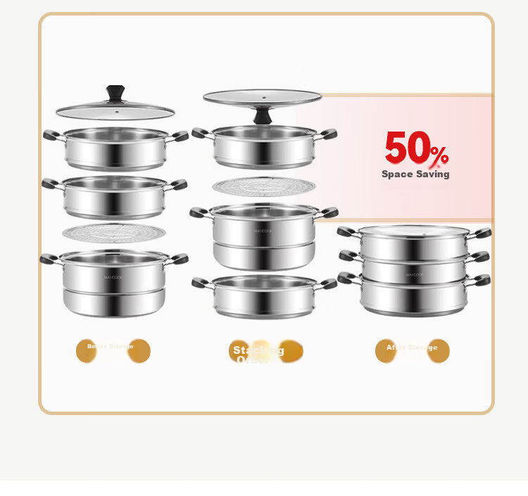 MAXCOOK 26cm 3-Tier Stainless Steel Steamer Pot Thickened Base Dual-Use for Steaming and Boiling Compatible with Induction and Gas Stoves 12