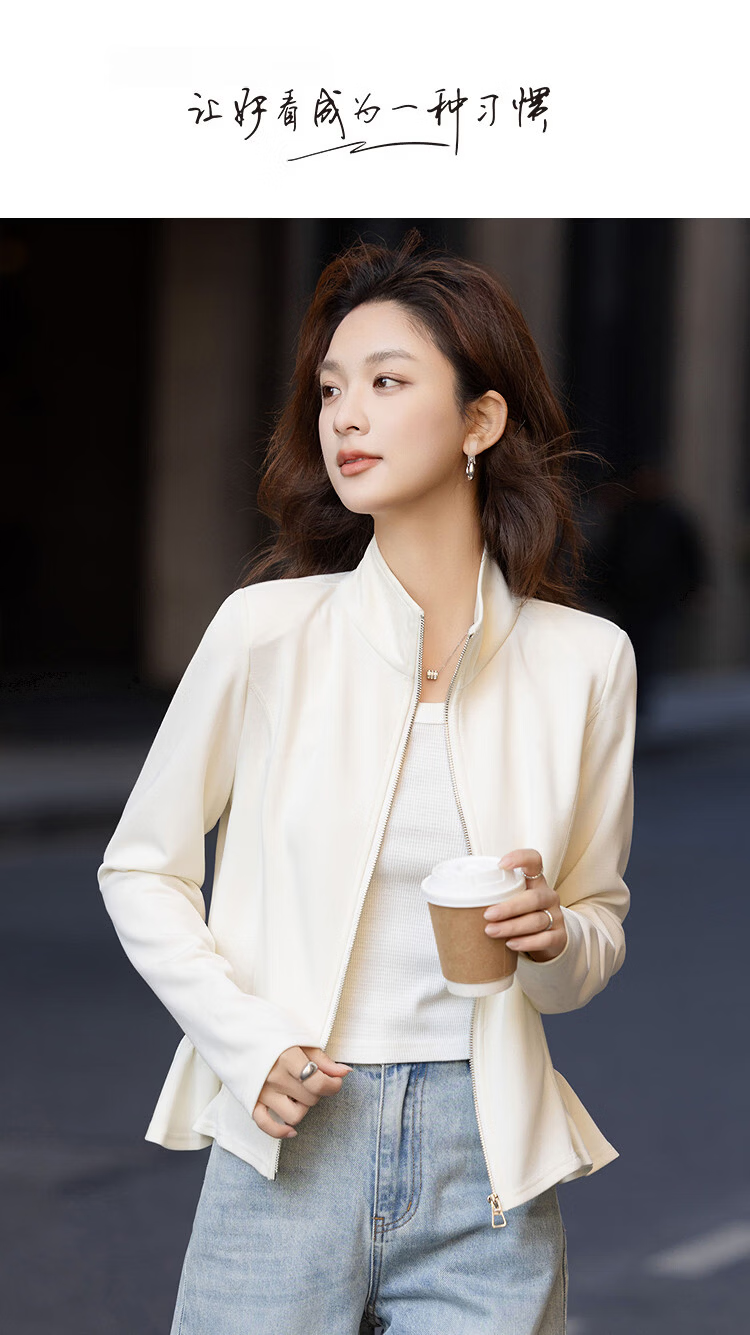 Demana Sandwashed Air Layer Spring Korean Style Stand Collar Ruffle Slim Fit Petite Women's Casual Jacket 1