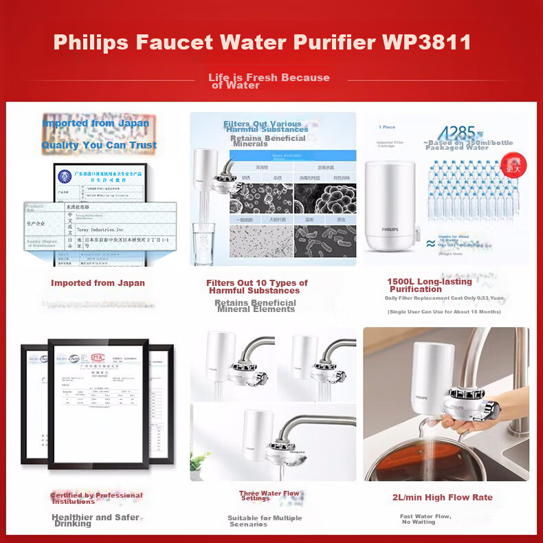 PHILIPS Kitchen Faucet Water Purifier Pre-Filter Ultrafiltration Faucet Filter WP3811 One Unit Two Cartridges Set 1
