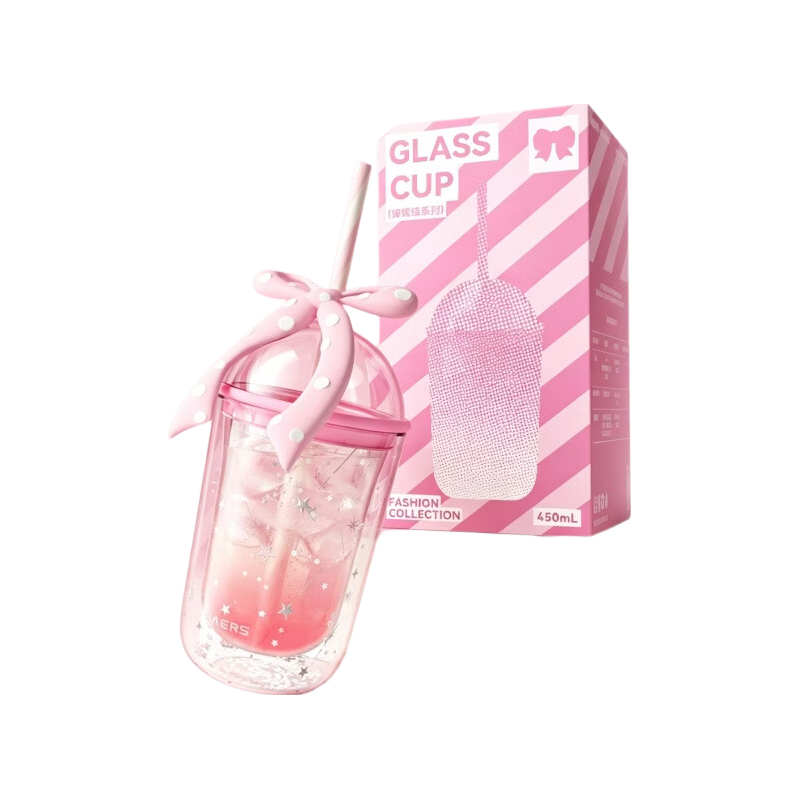 HAERS Double-Layer Bowknot Glass Cup High-Value Desktop Water Cup Girls Straw Cup (Pink) 450ml