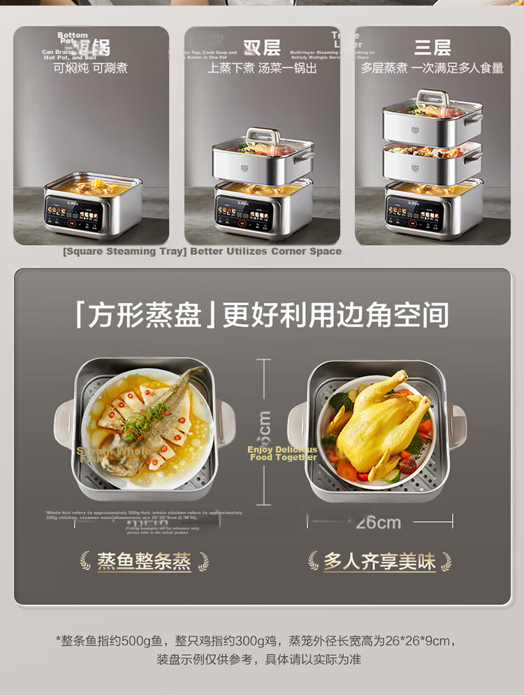 SUPOR Electric Steamer Pot, Multi-Functional Electric Cooker for Home Use, Breakfast Steaming Pot for Corn And Buns, Electric Hot Pot, 13L Large Capacity Stainless Steel Steamer ZN26YK885 13