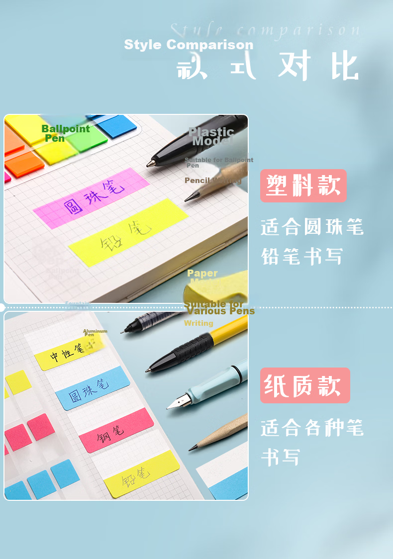 Jinzhi 600 Sheets Flat Top 5-Color Fluorescent Film Sticky Notes Transparent Waterproof Colorful Memo Index Tabs HP-10486 Bookmark Stickers 45*12mm 3