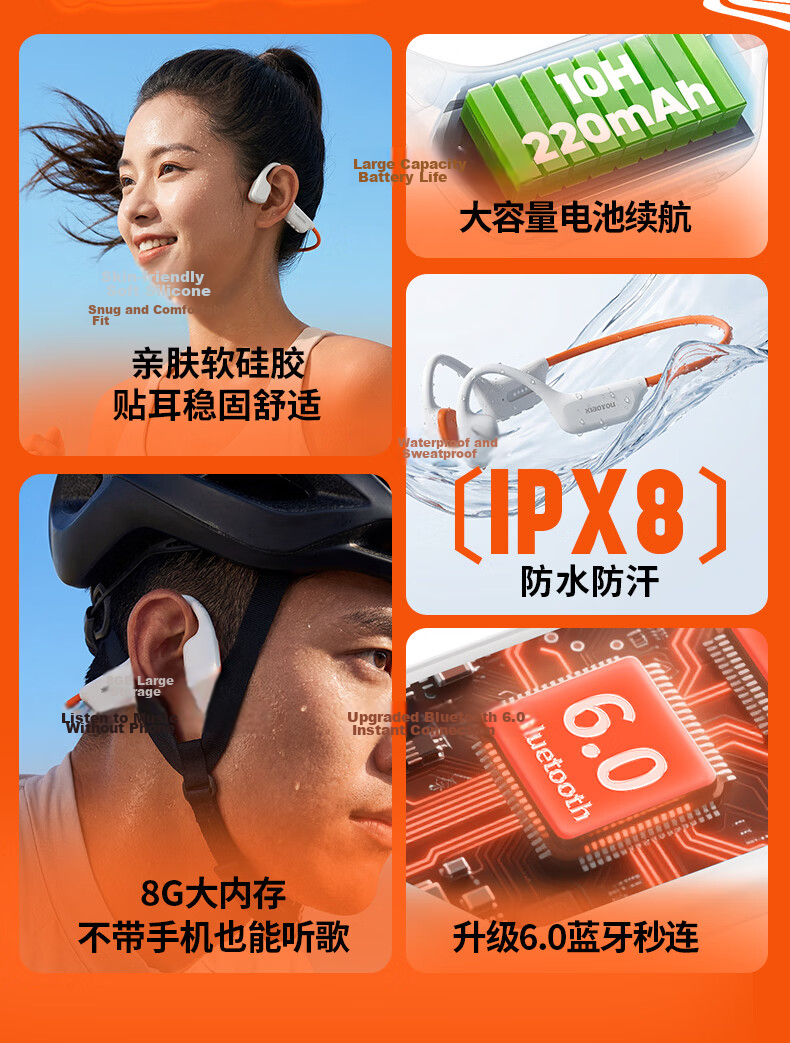 Xiaoyouxin X7 Bone Conduction Bluetooth Earphones Cycling Sports Running Swimming Built-in Memory Long Battery Life Black Memory Version 4