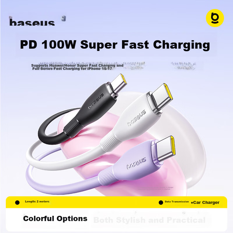 Baseus Dual Type-C PD 100W Fast Charging Data Cable for Huawei Honor Xiaomi Apple iPhone 17/16/15/18 iPad Laptop Car White 1m