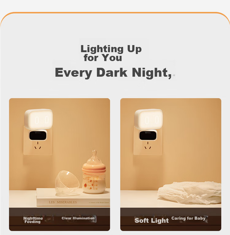 BULL Night Light Clock, Baby Feeding Lamp, Bedroom Bedside Mood Light, 500mAh Rechargeable Wireless Remote Control, 3 Color Temperatures 10