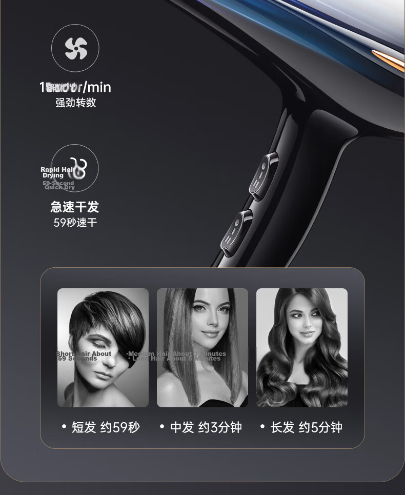 AUX Hair Dryer, High-Power 2000W, Constant Temperature, Gentle on Hair, Strong Airflow, Quick-Drying, Professional-Grade for Salons, Black Blower 9