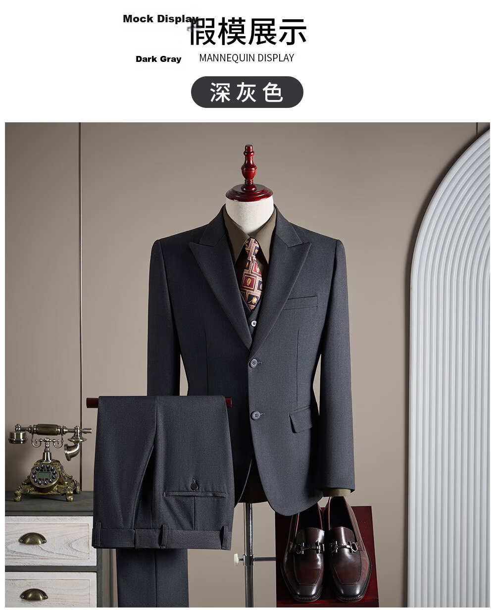 ROMON Men's Formal Suit Set Wool Blazer Vest and Trousers Black 2XL 15