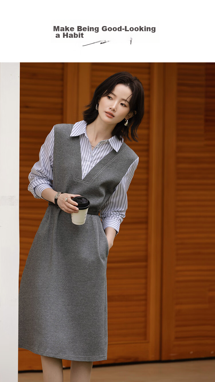 Demana [Cloud Oxygen Cotton Blend] Spring Smart Commuter Two-Piece Style Lapel Loose Mid-Length Women's Dress 1
