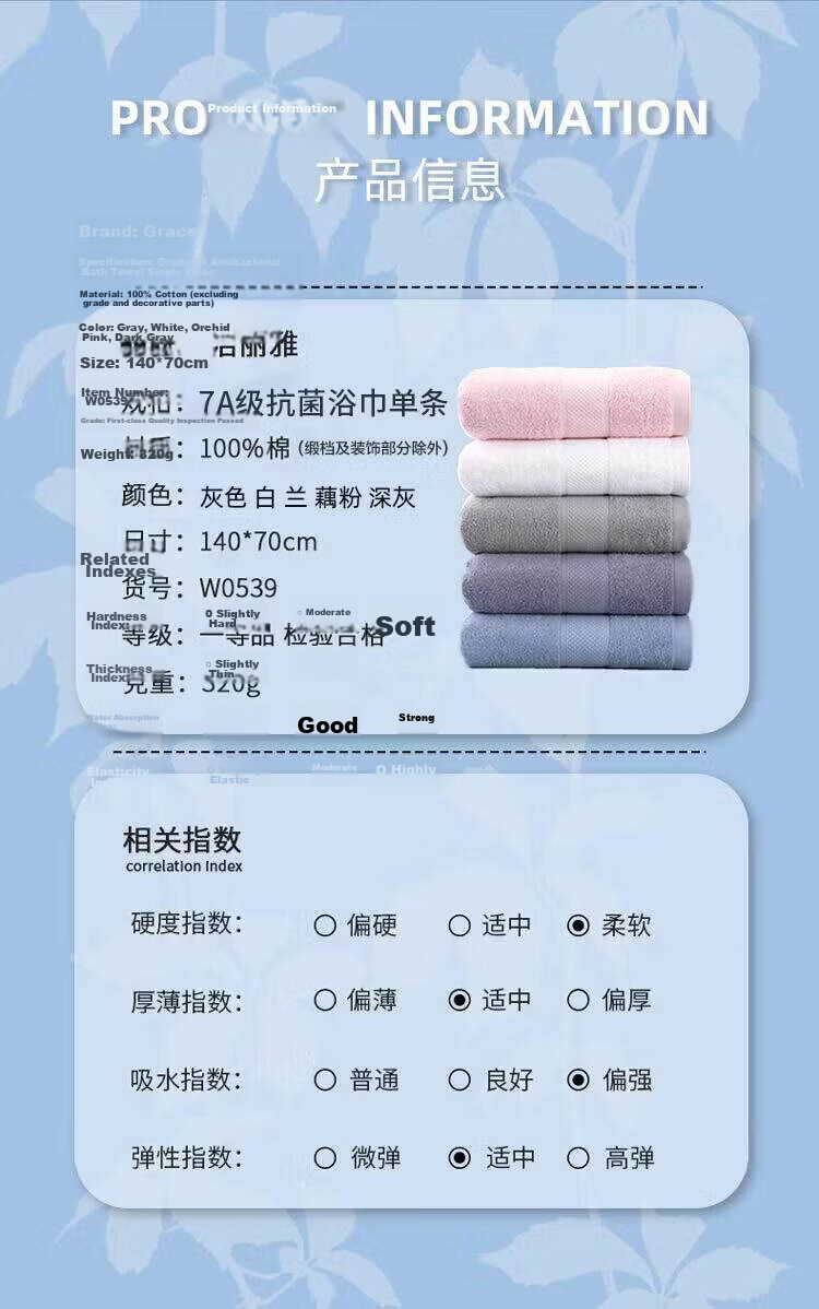 Grace Antibacterial And Anti-Mite Cotton Bath Towel Set for Men And Women, High-Quality Three-Piece Combination Including Bath Towel, Washcloth, And Hand Towel 2