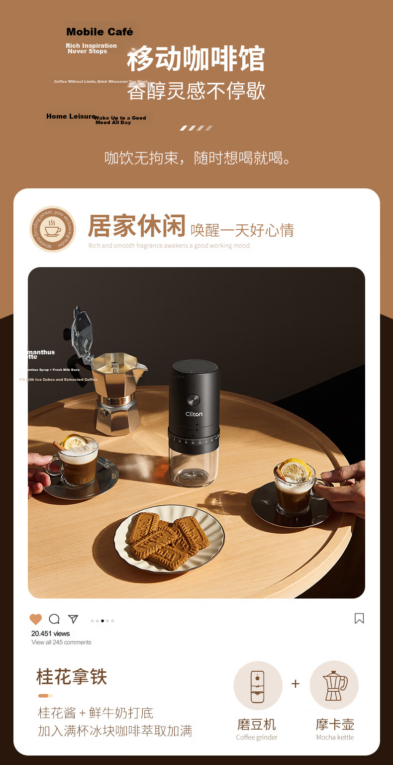CLITON Electric Coffee Grinder Adjustable Portable Manual Coffee Bean Grinder Automatic Powder Mill 24