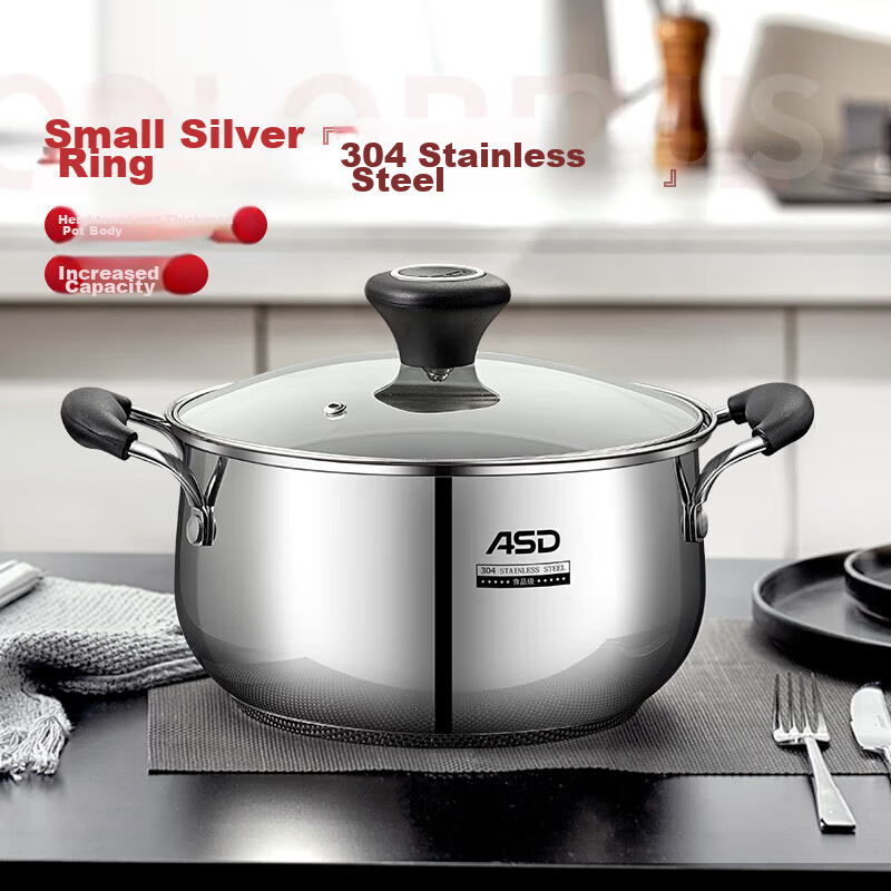 ASD 22CM 304 Stainless Steel Stew Pot Double Bottom Soup Pot Compatible with Gas and Induction Cookers Milk Pot B1