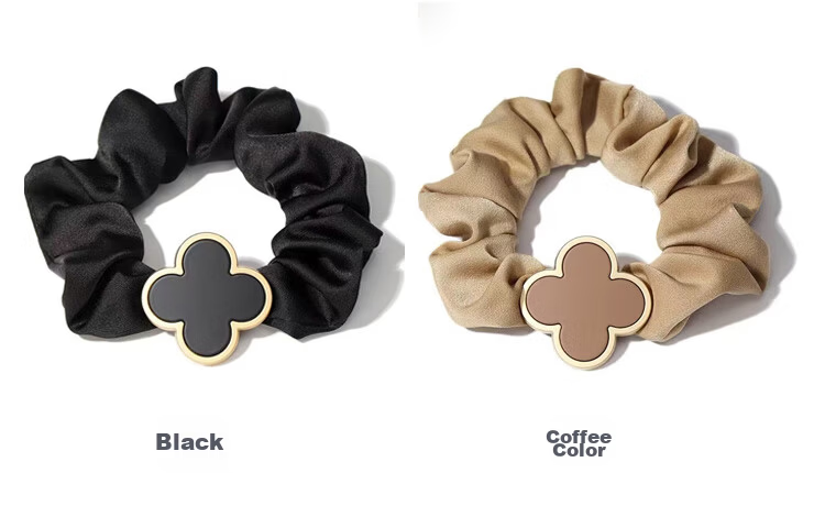 LiQing Luxury Four-Leaf Clover Hair Tie [Black] Premium Large Elastic Hair Band Elegant Hair Accessory 3