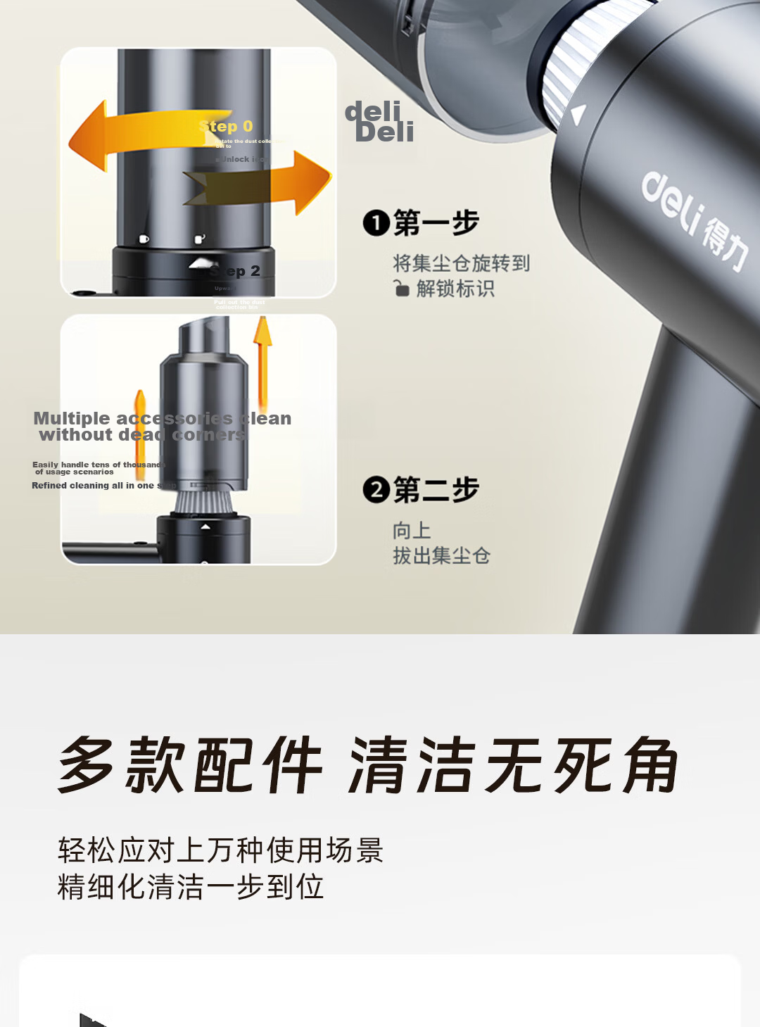 Deli Brushless Storm Suction Handheld Vacuum Cleaner Wireless Car and Home Mini Desktop Dust Removal 14