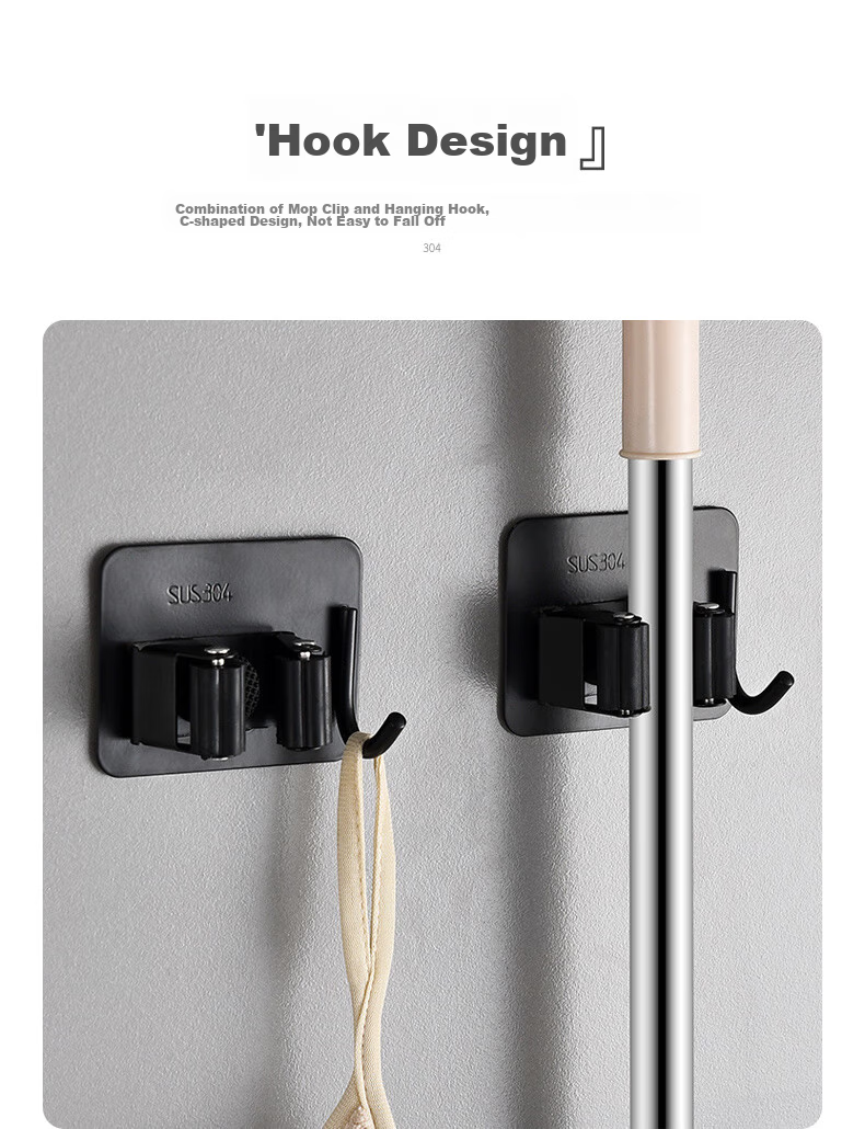 Siwangongli Mop Hook, No Drilling Required, Bathroom Storage Hook, Adhesive Hook, Heavy-Duty Wall-Mounted Bracket, Strong And Traceless Clip for Bathroom 7