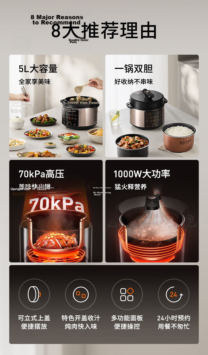 Joyoung 6L Large Capacity Electric Pressure Cooker, Dual Inner Pot, Fully Automatic, Smart Reservation, for Soup Making, Stewing Meat, Cooking Porridge, Multifunctional Y-60C817 Rice Cooker And High-Pressure Cooker, Serves 6-8 People 4