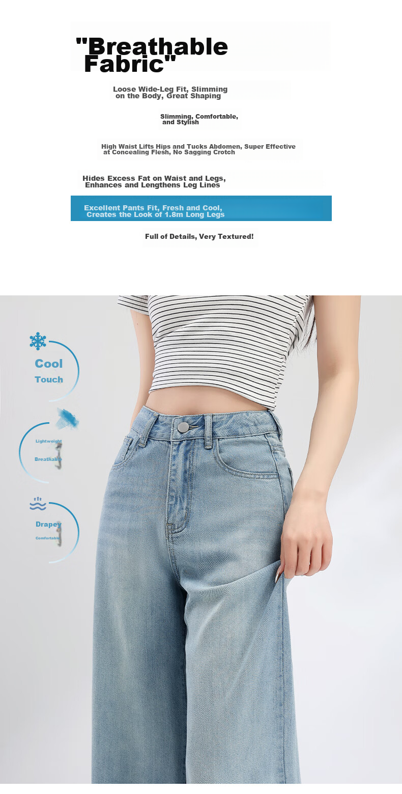 Jeanswest Women's Summer Soft Tencel High-Waist Draped Lyocell Wide-Leg Straight Pants Light Blue Tencel Lyocell L 2