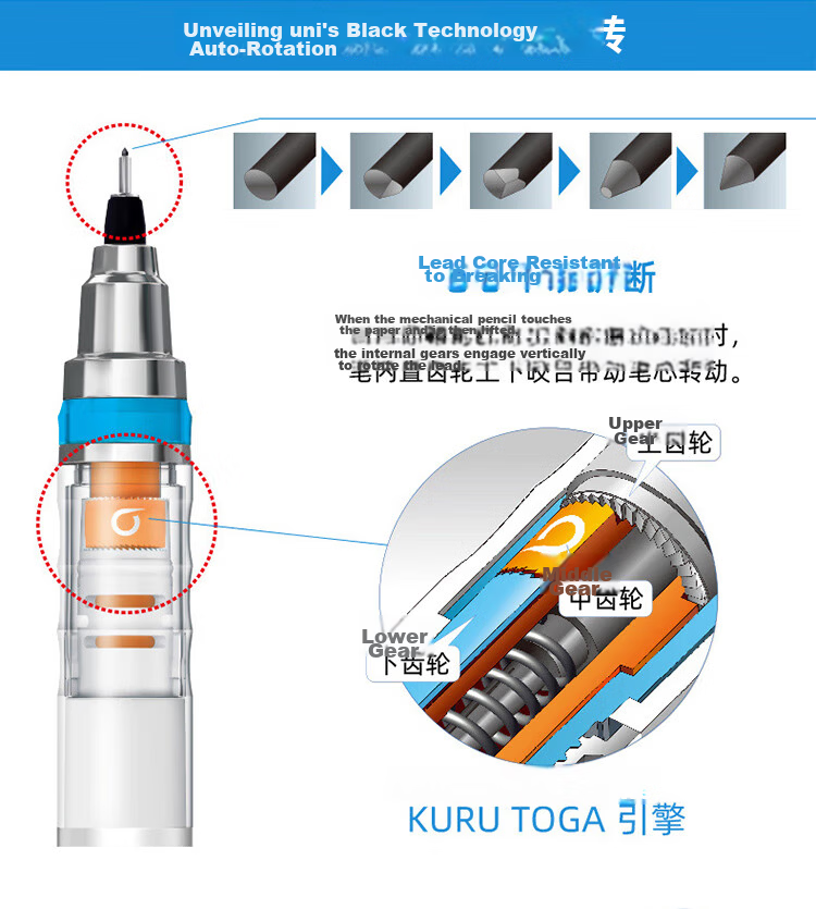 Uni Mitsubishi KURU TOGA Series Mechanical Pencil, Student Automatic Pencil, Colorful, M5-450 Automatic Rotating Lead, 0.5mm, Light Pink, Single Pack 3
