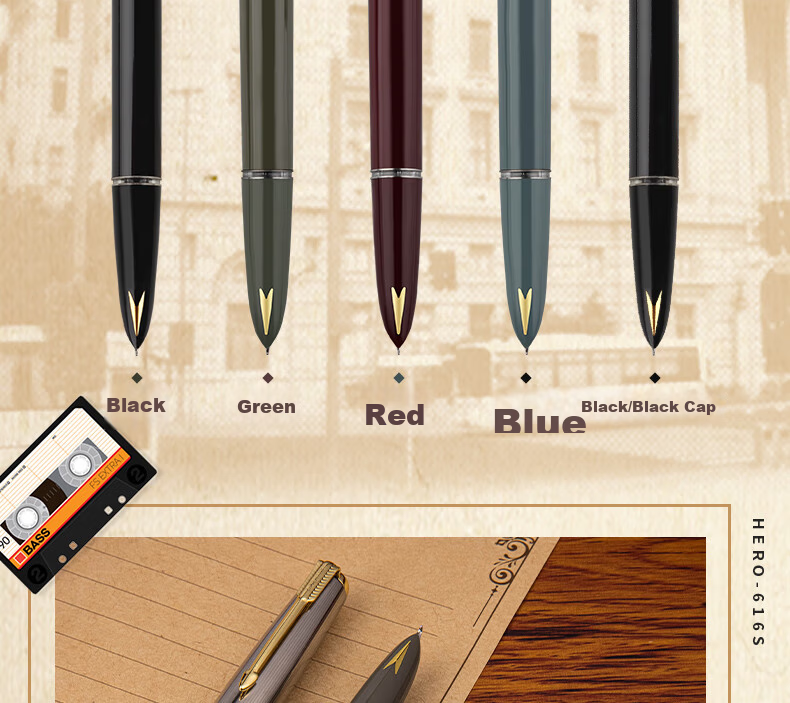 HERO Fountain Pen 616S, Metal Barrel with Hidden Nib, Classic Retro Upgraded Version, Midnight Red, EF Hidden Nib 7