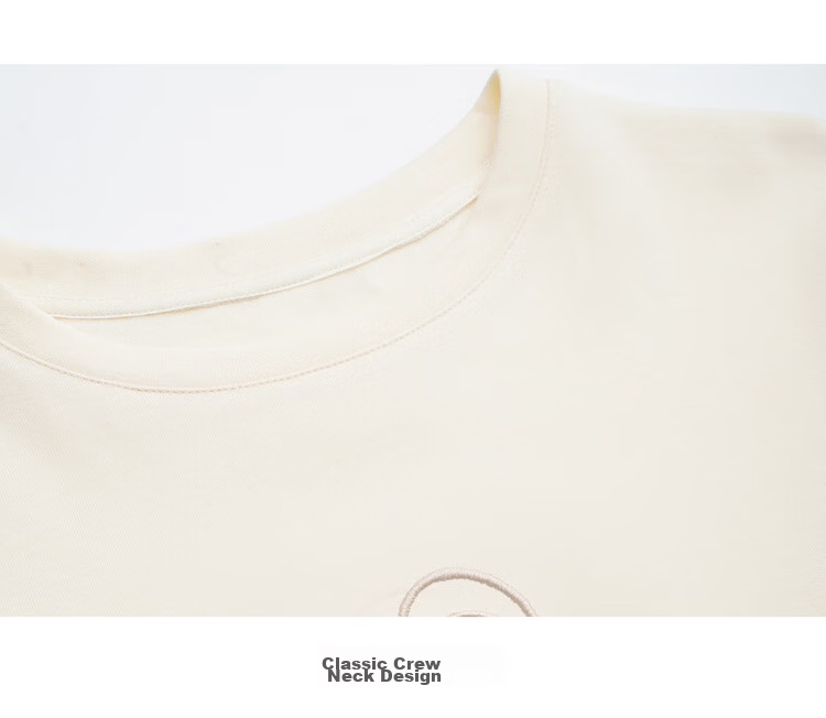 Olrain French Style Short Sleeve T-Shirt Women Summer Heart Embroidery Simple Round Neck Loose Top Apricot L 22