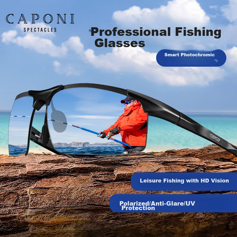 CAPONI Photochromic Polarized Fishing Sunglasses for Men, Day and Night Use, Anti-Glare Driving Sunglasses