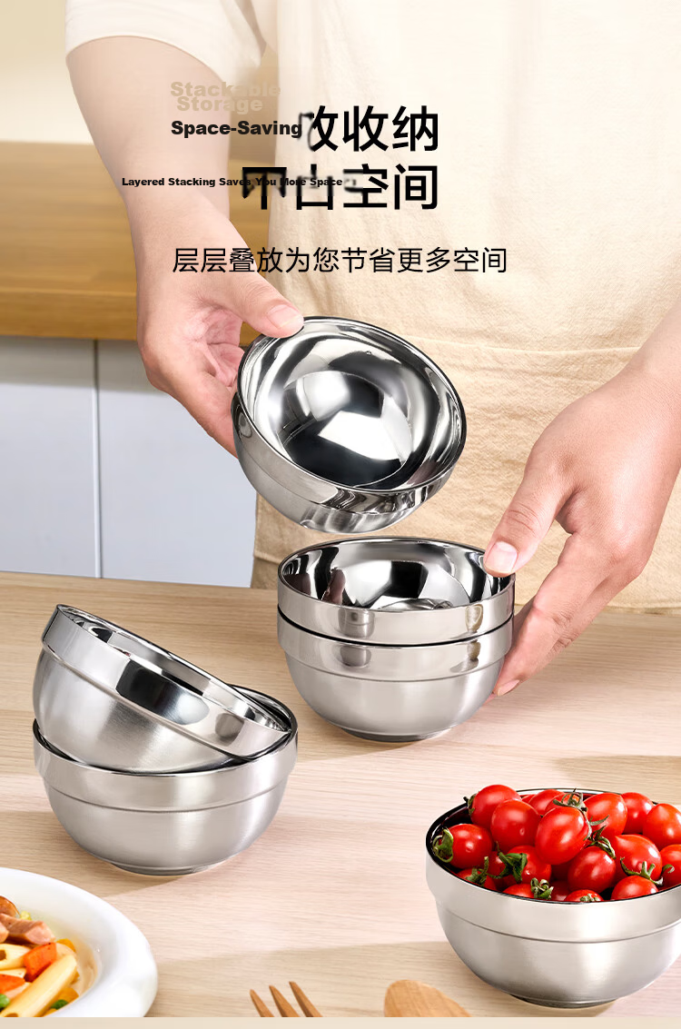 JD Original 304 Stainless Steel Bowl, Large Double-Layer Insulated Soup Bowl, Noodle Bowl, 18CM Ramen Bowl, Salad Bowl 9