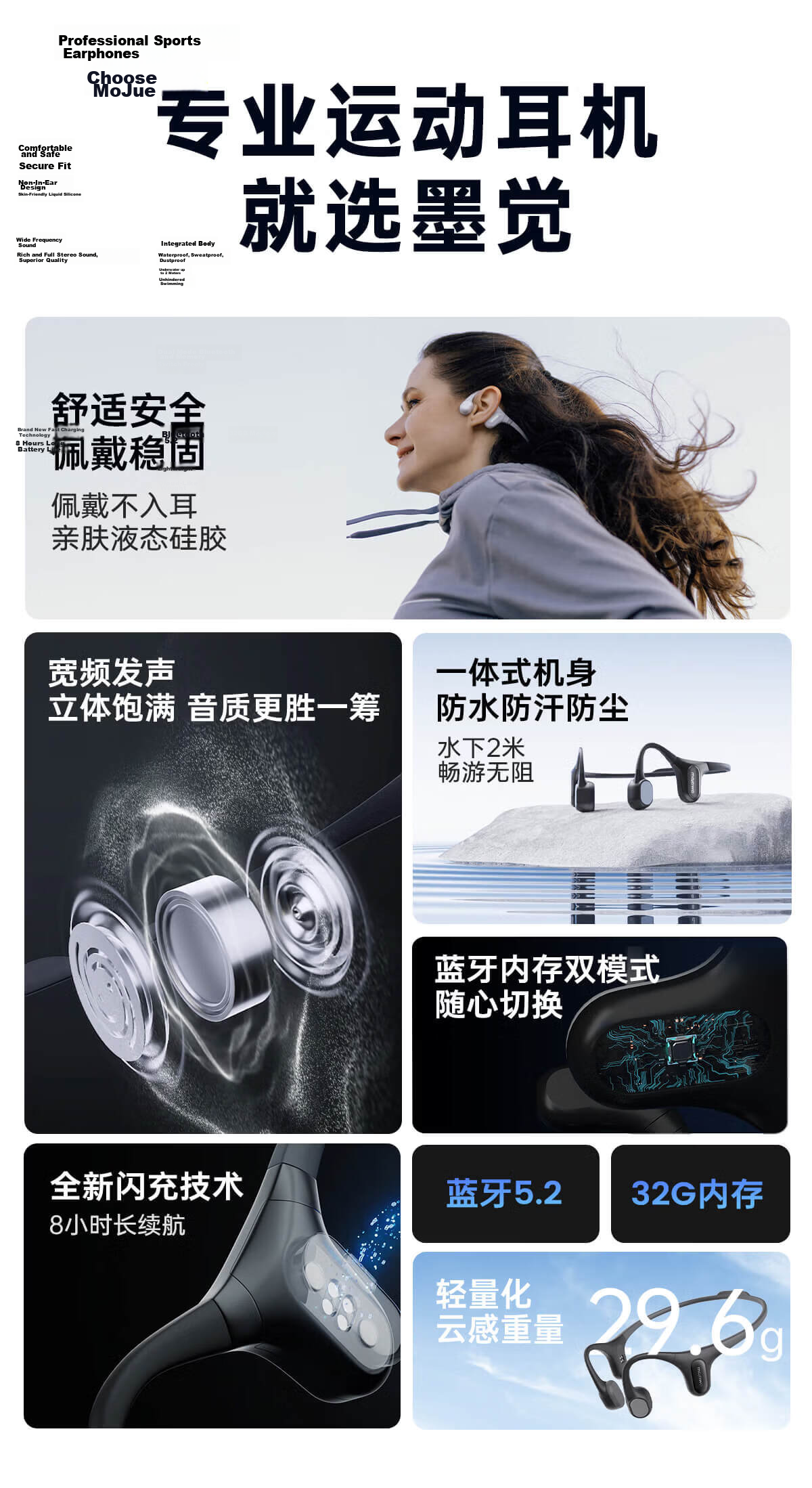 MOJAWA Run Plus New Bone Conduction Bluetooth Earphones Open-Ear Waterproof Noise-Cancelling Swimming Triathlon Cycling Compatible with Apple Huawei Moonbow Black 6