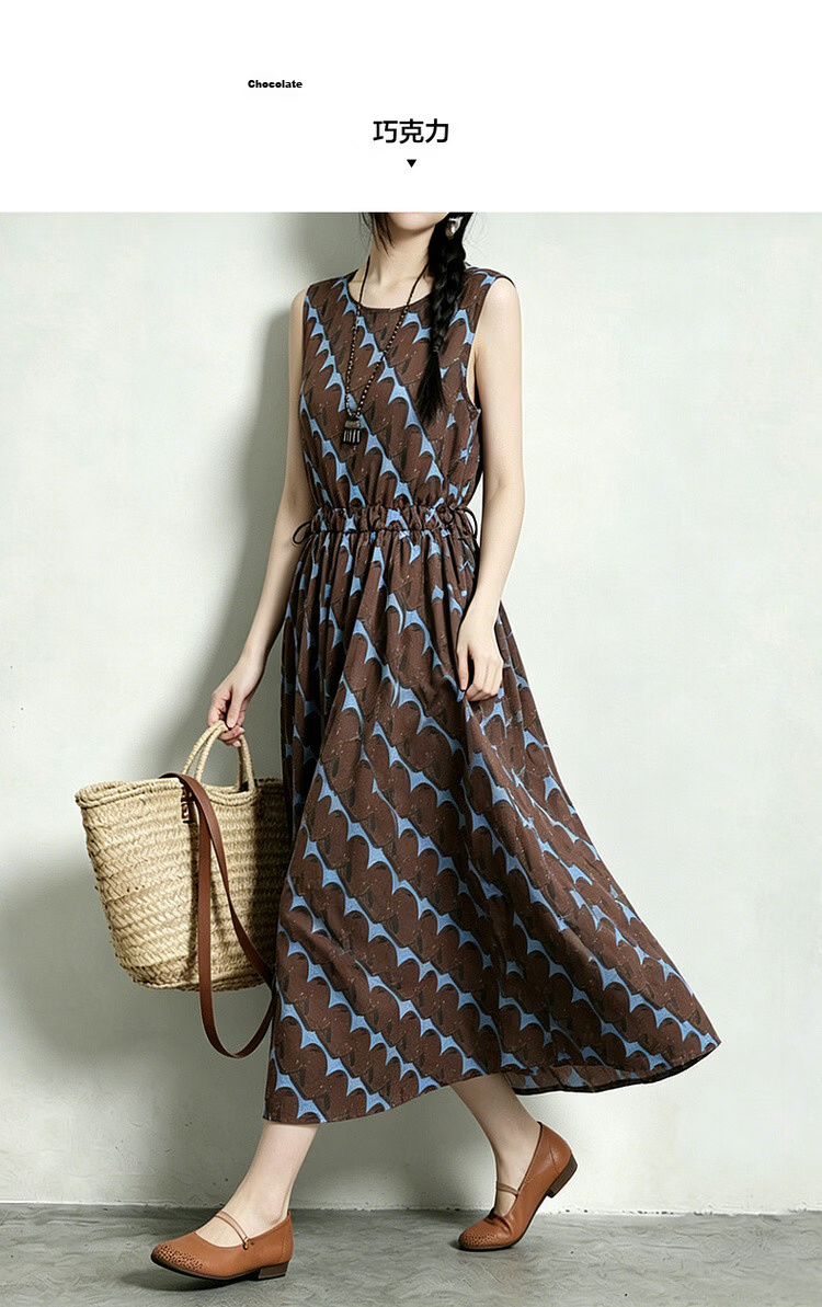 Demana [Artistic Forest Girl] Summer Ethnic Style Printed Round Neck Sleeveless Drawstring Slim Fit Dress for Women Premium Quality 12