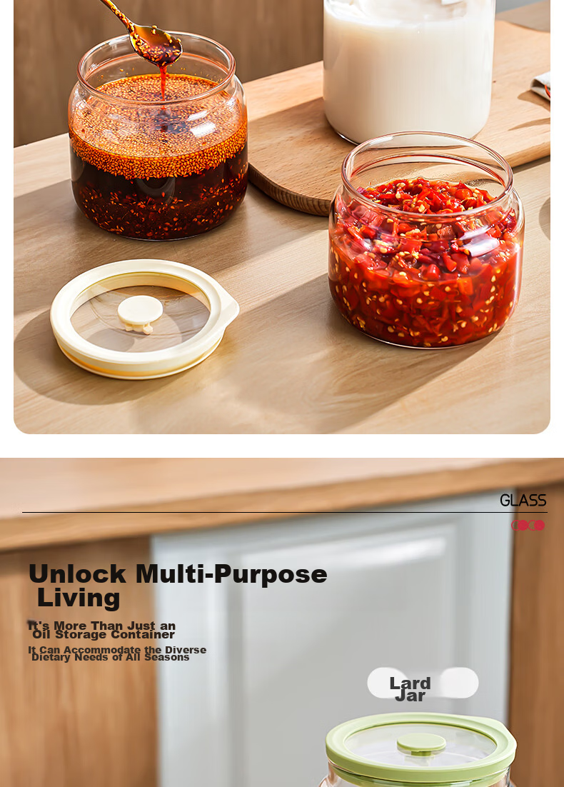 PINYU Glass Chili Oil Container with Lid, High-Temperature Resistant Lard Jar, Food-Grade Sealed Household Spicy Oil Pot 12
