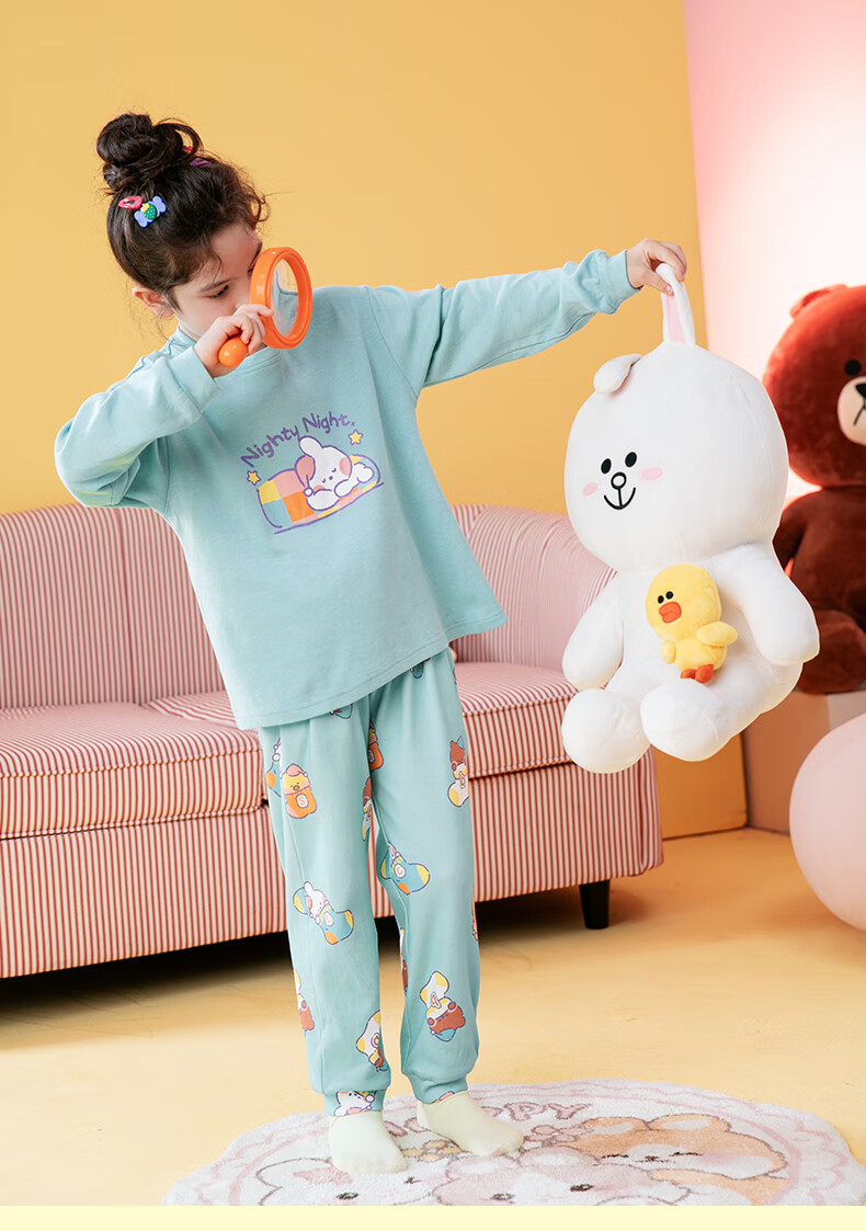 Fenteng Children's Pajamas, Girls' Brown Bear And Cony Rabbit Co-Branded Pure Cotton Sleepwear for Older Childre 35