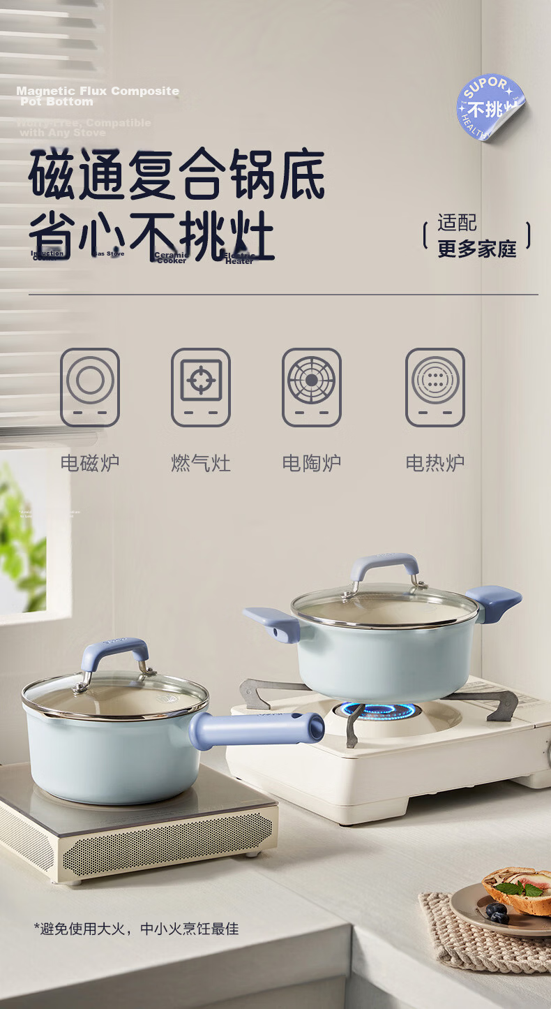 SUPOR Non-Stick Milk Pot with Titanium Ceramic Coating, 16cm Small Soup Pot for Noodles, Milk Heating And Baby Food, Compatible with Induction And Gas Stoves 16