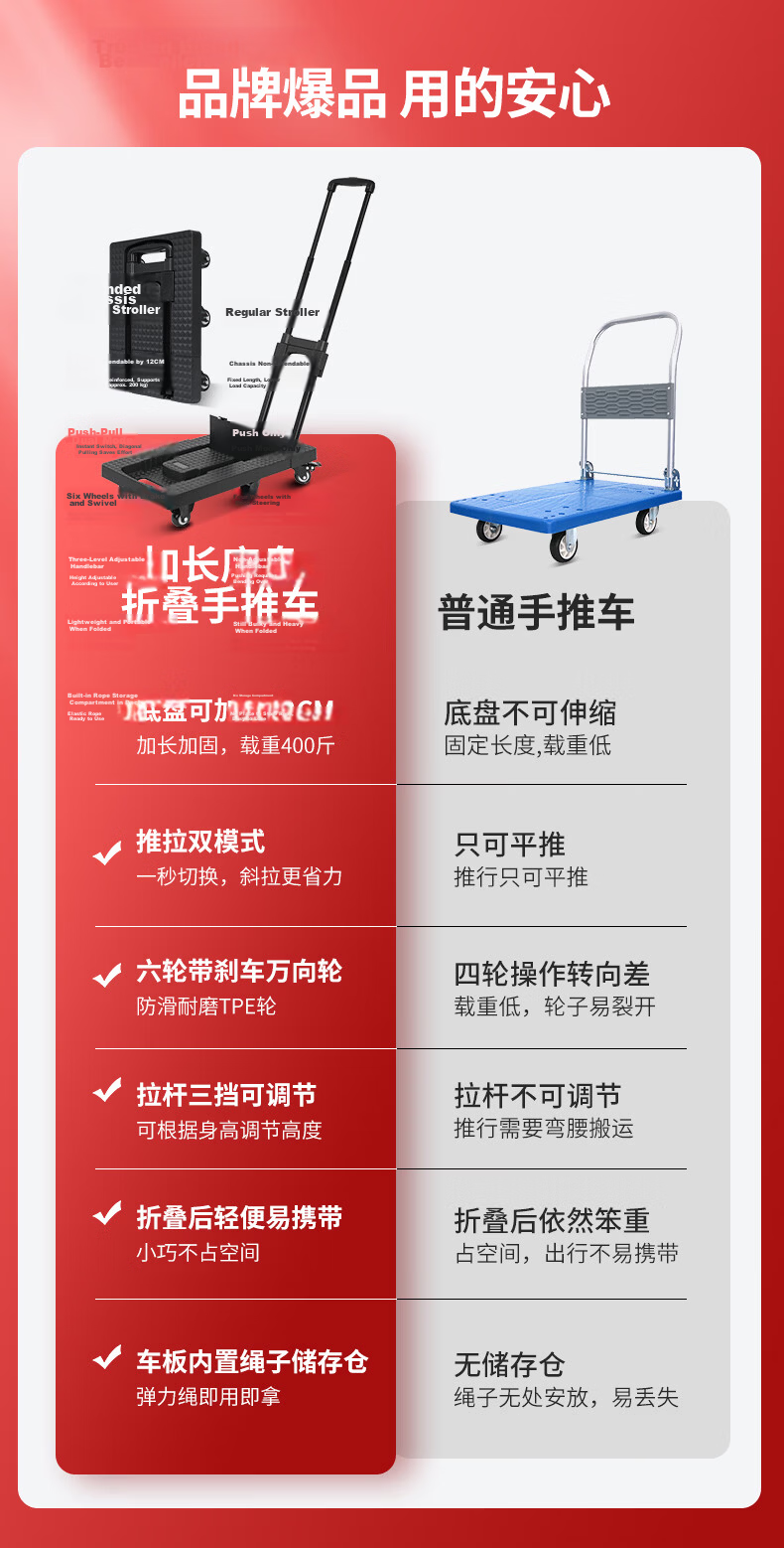 SELORSS Folding Flat Cart Luggage Trolley Hand Pull Cart Turtle Cart Trailer Cargo Transport Seven-Wheel Black BY03-P 20