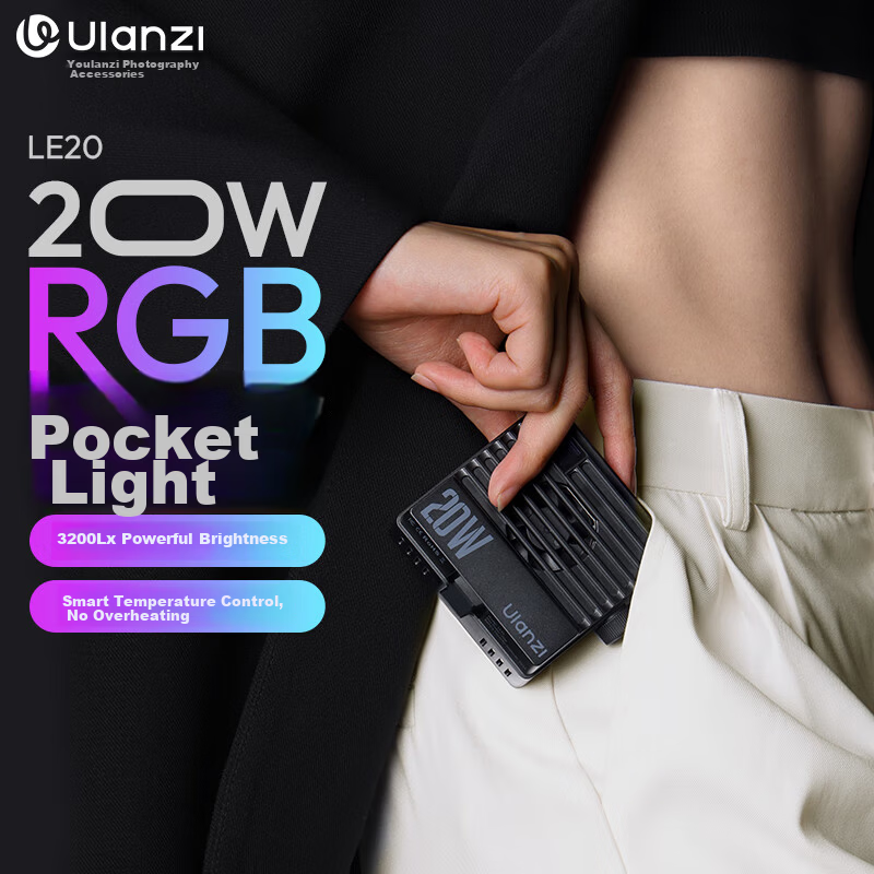 Ulanzi LE20 20W RGB Pocket Fill Light Live Beauty Light Professional Portable LED Video Light for Mobile Phone Camera Small Indoor Outdoor Photography Light