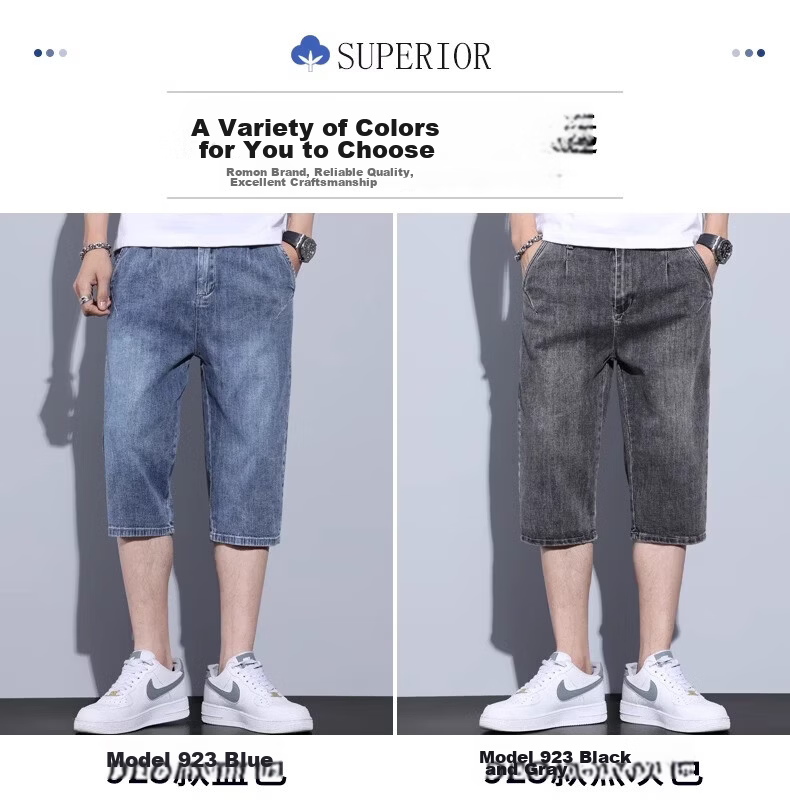 ROMON Men's Denim Shorts Summer Thin 7/8 Length Loose Straight-Leg Casual Pants 3